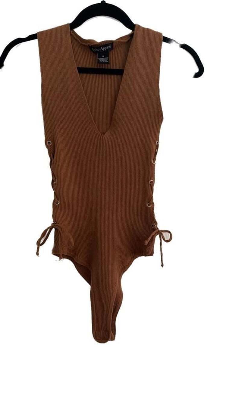 SoHo Apparel Ribbed Lace-Up Side Bodysuit Brown Size Medium